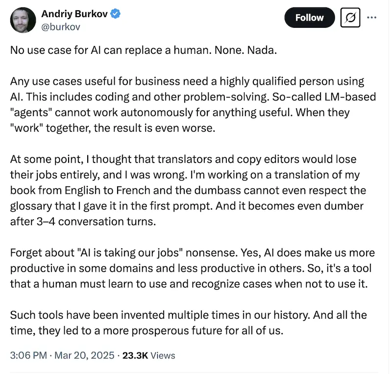 andrey burkov post on X