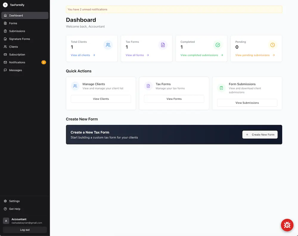 Taxformify accountant dashboard interface showing client management, document collection, and tax-prep workflow features built with Replit AI