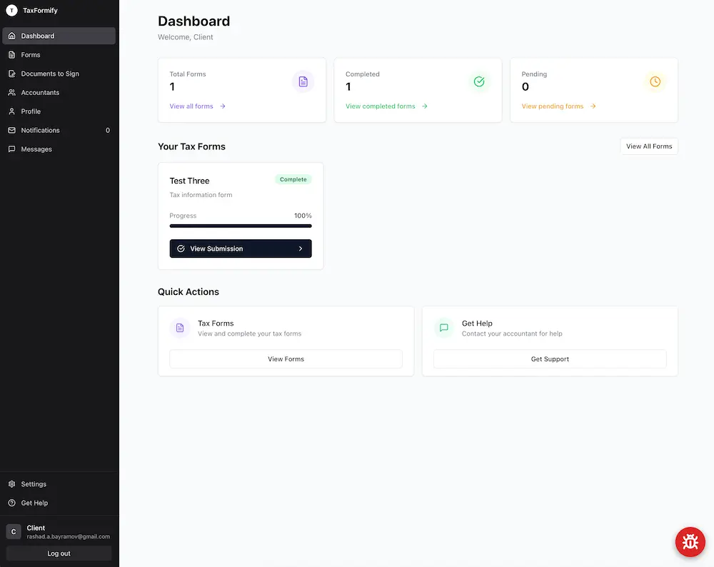 Taxformify client portal showing the secure document upload interface clients use to submit their tax-prep documents