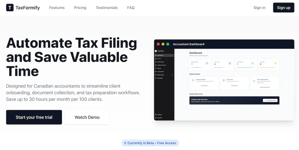 Taxformify SaaS application homepage showcasing AI-powered tax document automation platform for accountants and tax professionals
